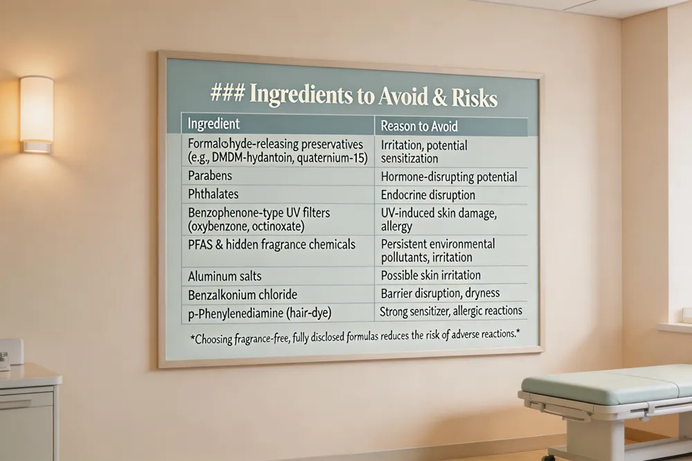 ### Ingredients to Avoid & Risks
| Ingredient | Reason to Avoid |
|---|---|
| Formaldehyde‑releasing preservatives (e.g., DMDM‑hydantoin, quaternium‑15) | Irritation, potential sensitization |
| Parabens | Hormone‑disrupting potential |
| Phthalates | Endocrine disruption |
| Benzophenone‑type UV filters (oxybenzone, octinoxate) | UV‑induced skin damage, allergy |
| PFAS & hidden fragrance chemicals | Persistent environmental pollutants, irritation |
| Aluminum salts | Possible skin irritation |
| Benzalkonium chloride | Barrier disruption, dryness |
| p‑Phenylenediamine (hair‑dye) | Strong sensitizer, allergic reactions |
Choosing fragrance‑free, fully disclosed formulas reduces the risk of adverse reactions.