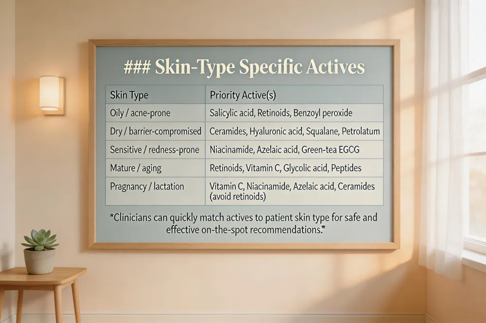 ### Skin‑Type Specific Actives
| Skin Type | Priority Active(s) |
|---|---|
| Oily / acne‑prone | Salicylic acid, Retinoids, Benzoyl peroxide |
| Dry / barrier‑compromised | Ceramides, Hyaluronic acid, Squalane, Petrolatum |
| Sensitive / redness‑prone | Niacinamide, Azelaic acid, Green‑tea EGCG |
| Mature / aging | Retinoids, Vitamin C, Glycolic acid, Peptides |
| Pregnancy / lactation | Vitamin C, Niacinamide, Azelaic acid, Ceramides (avoid retinoids) |
Clinicians can quickly match actives to patient skin type for safe and effective on‑the‑spot recommendations.