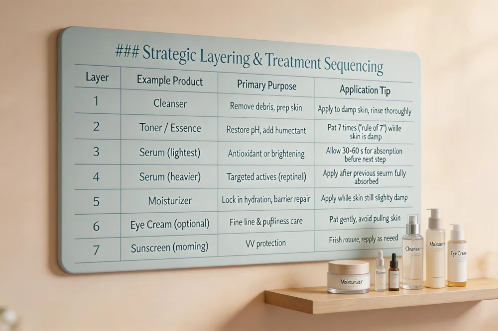 ### Strategic Layering & Treatment Sequencing
| Layer | Example Product | Primary Purpose | Application Tip |
|---|---|---|---|
| 1 | Cleanser | Remove debris, prep skin | Apply to damp skin, rinse thoroughly |
| 2 | Toner / Essence | Restore pH, add humectant | Pat 7 times ("rule of 7") while skin is damp |
| 3 | Serum (lightest) | Antioxidant or brightening | Allow 30‑60 s for absorption before next step |
| 4 | Serum (heavier) | Targeted actives (retinol, peptides) | Apply after previous serum fully absorbed |
| 5 | Moisturizer | Lock in hydration, barrier repair | Apply while skin still slightly damp |
| 6 | Eye Cream (optional) | Fine line & puffiness care | Pat gently, avoid pulling skin |
| 7 | Sunscreen (morning) | UV protection | Finish routine; reapply as needed |
| 