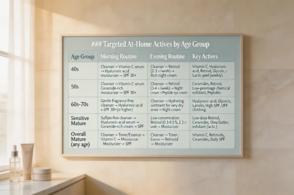 ### Targeted At‑Home Actives by Age Group
| Age Group | Morning Routine | Evening Routine | Key Actives |
|---|---|---|---|
| 40s | Cleanser → Vitamin C serum → Hyaluronic‑acid moisturizer → SPF 30+ | Cleanser → Retinol (2‑3 × /week) → Rich night cream | Vitamin C, Hyaluronic acid, Retinol, Glycolic/Lactic peel (weekly) |
| 50s | Cleanser → Vitamin C serum → Ceramide‑rich moisturizer → SPF 30+ | Cleanser → Retinol (3‑4 × /week) → Night cream + Peptide eye cream | Ceramides, Retinol, Low‑percentage chemical exfoliant, Peptides |
| 60s‑70s | Gentle fragrance‑free cleanser → Hyaluronic‑acid moisturizer → SPF 30+ (or higher) | Cleanser → Hydrating ointment for very dry areas → Night cream | Hyaluronic‑acid, Glycerin, Lanolin, High‑SPF, UPF clothing |
| Sensitive Mature | Sulfate‑free cleanser → Hyaluronic‑acid serum → Ceramide‑rich cream → SPF | Low‑concentration Retinol (0.3‑0.5 %) 2‑3 × /week → Moisturizer | Low‑dose Retinol, Ceramides, Shea butter, Gentle exfoliant (lactic) |
| Overall Mature (any age) | Cleanser → Toner/Essence → Vitamin C → Moisturizer → SPF | Cleanser → Toner/Essence → Retinoid → Moisturizer | Vitamin C, Retinoids, Ceramides, Daily SPF |
| 