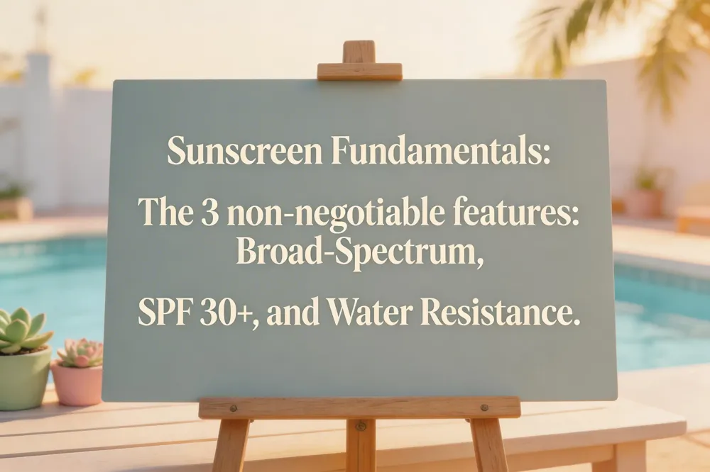 Sunscreen Fundamentals: The 3 non-negotiable features to build your protection on: Broad-Spectrum, SPF 30+, and Water Resistance.