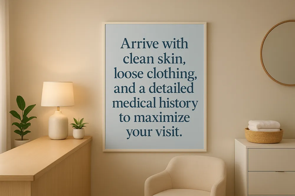 Arrive with clean skin, loose clothing, and a detailed medical history to maximize your visit.