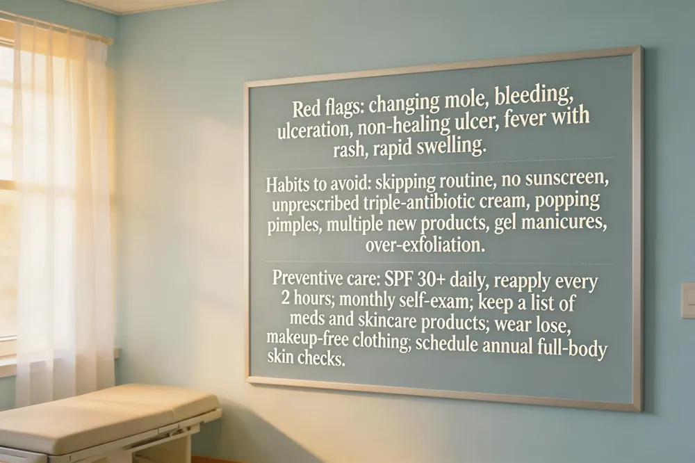 Red flags: changing mole, bleeding, ulceration, non‑healing ulcer, fever with rash, rapid swelling. Habits to avoid: skipping routine, no sunscreen, unprescribed triple‑antibiotic cream, popping pimples, multiple new products, gel manicures, over‑exfoliation. Preventive care: SPF 30+ daily, reapply every 2 hours; monthly self‑exam; keep a list of meds and skincare products; wear loose, makeup‑free clothing; schedule annual full‑body skin checks.