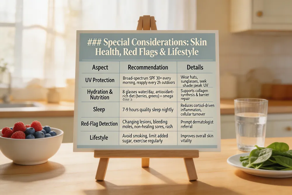 ### Special Considerations: Skin Health, Red Flags & Lifestyle
| Aspect | Recommendation | Details |
|---|---|---|
| UV Protection | Broad‑spectrum SPF 30+ every morning; reapply every 2 h outdoors | Wear hats, sunglasses, seek shade during peak UV |
| Hydration & Nutrition | 8 glasses water/day; antioxidant‑rich diet (berries, leafy greens) + omega‑3s | Supports collagen synthesis & barrier repair |
| Sleep | 7‑9 hours quality sleep nightly | Reduces cortisol‑driven inflammation, promotes cellular turnover |
| Red‑Flag Detection | Watch for changing lesions, bleeding moles, non‑healing sores, systemic rash symptoms | Prompt dermatologist referral if any appear |
| Lifestyle | Avoid smoking, limit added sugar, exercise regularly | Improves overall skin vitality |
| 