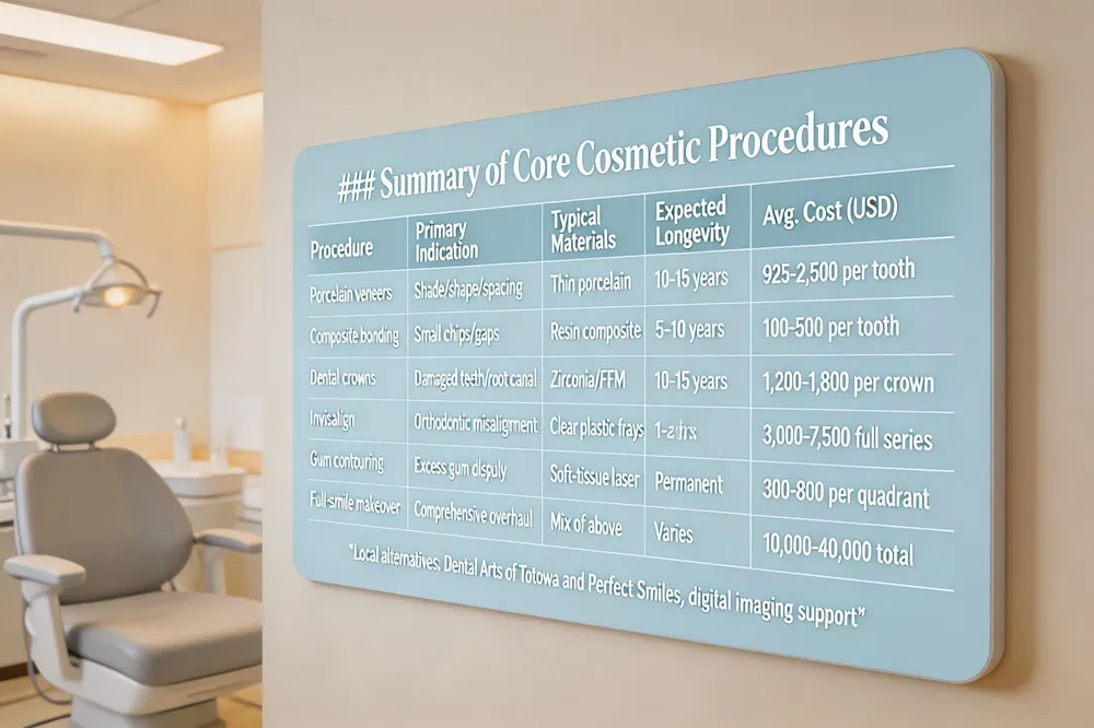 ### Summary of Core Cosmetic Procedures
| Procedure | Primary Indication | Typical Materials | Expected Longevity | Avg. Cost (USD) |
|---|---|---|---|---|
| Porcelain veneers | Shade, shape, spacing correction | Thin porcelain layered over enamel | 10‑15 years (with good hygiene) | 925‑2,500 per tooth |
| Composite bonding | Small chips, gaps, minor shape tweaks | Resin composite | 5‑10 years | 100‑500 per tooth |
| Dental crowns (ceramic or porcelain‑fused metal) | Restoring damaged teeth, post‑root canal | Zirconia, lithium disilicate, PFM | 10‑15 years | 1,200‑1,800 per crown |
| Invisalign clear aligners | Orthodontic misalignment | BPA‑free clear plastic trays | 1‑2 years after treatment | 3,000‑7,500 (full series) |
| Gum contouring (laser) | Excess gingival display, uneven gum line | Soft‑tissue laser | Permanent (maintenance needed) | 300‑800 per quadrant |
| Full‑smile makeover (combined modalities) | Comprehensive aesthetic overhaul | Mix of above + possibly implants | Varies by component | 10,000‑40,000 total |
Local alternatives include Dental Arts of Totowa and Perfect Smiles, both offering similar services with digital imaging support.