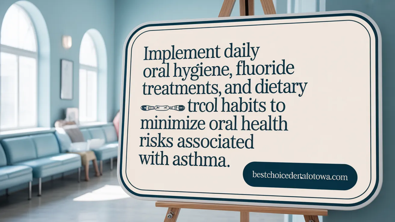 Implement daily oral hygiene, fluoride treatments, and dietary habits to minimize oral health risks associated with asthma.