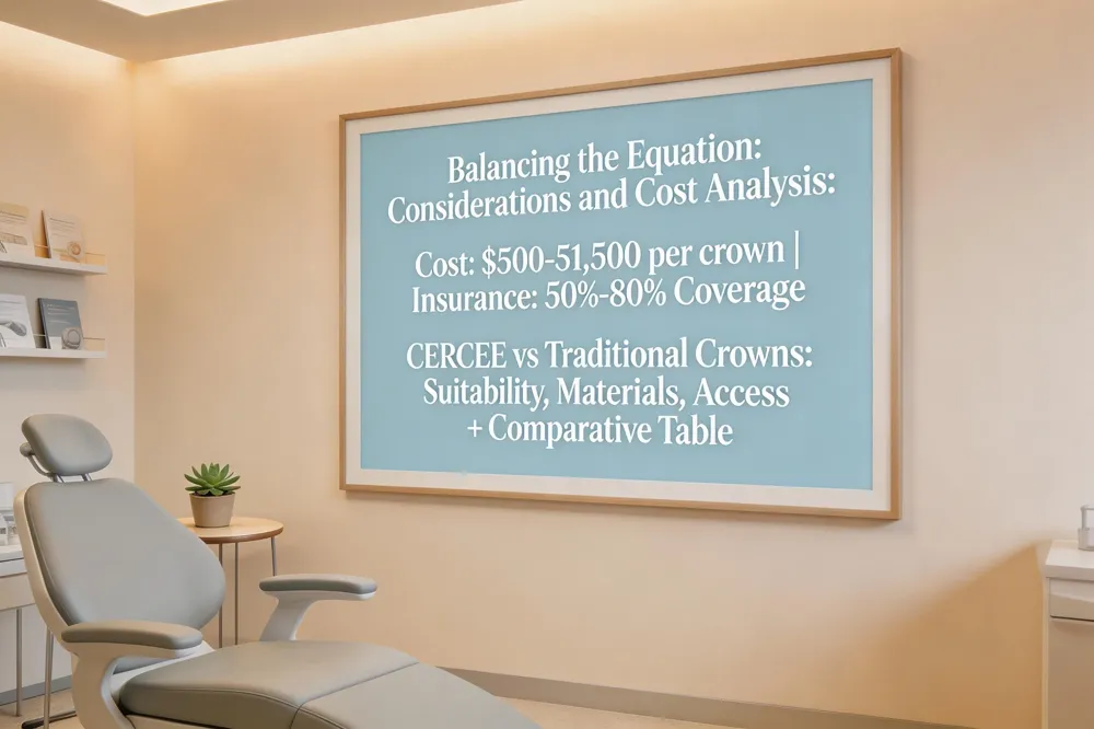 Balancing the Equation: Considerations and Cost Analysis: This section provides a balanced look at the practical aspects of choosing a CEREC crown. It discusses the average cost (typically $500 to $1,500 per crown) and typical insurance coverage (often 50% to 80%). It also reviews considerations and potential drawbacks, such as suitability for highly complex cases, material options compared to traditional crowns, and technology access. A comparative table highlights key differences between CEREC and traditional lab-made crowns across several factors.