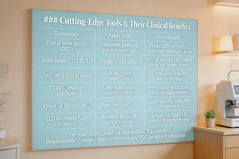 ### Cutting‑Edge Tools & Their Clinical Benefits
| Technology | Application | Key Benefit |
|---|---|---|
| Digital smile design (DDS) | Treatment planning, patient mock‑ups | Predictable aesthetics, improved communication |
| Cone‑beam CT (CBCT) | 3‑D bone & root imaging | Precise implant placement, reduced complications |
| iTero® intra‑oral scanner | Full‑arch digital impressions | Faster workflow, no messy alginate |
| CEREC® milling machine | Same‑day crowns, veneers, onlays | Immediate restoration, reduced appointments |
| Onset® anesthesia & DentalVibe® | Pain‑free injections | Lower anxiety, smoother experience |
| LED whitening devices (e.g., Glo Science) | In‑home activation of peroxide gels | Enhanced shade lift, shorter treatment time |
The team stays current via ADA and AACD guidelines and offers a downloadable “Cosmetic Dentistry Procedures” PDF for patient education.