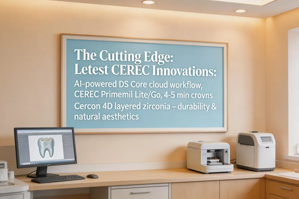 The Cutting Edge: Latest CEREC Innovations: This section explores recent technological advancements in the CEREC ecosystem. Key innovations include AI-powered workflow integration via the DS Core cloud platform for design proposals, new and more accessible milling units (CEREC Primemill Lite and CEREC Go), super-fast milling modes that can produce crowns in as little as 4 to 5 minutes, and advanced materials like high-strength, layered zirconia (Cercon 4D) that offer both durability and highly natural aesthetics.