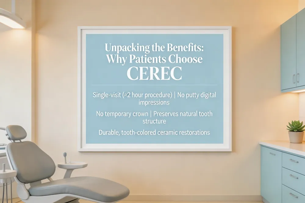 Unpacking the Benefits: Why Patients Choose CEREC: This section outlines the key advantages of the CEREC system from a patient's perspective. Primary benefits include the convenience of a single-visit procedure (approximately two hours), the comfort of digital impressions over traditional putty molds, no need for a temporary crown, a minimally invasive approach that preserves more natural tooth structure, and a durable, aesthetically pleasing final restoration made from tooth-colored ceramic materials.