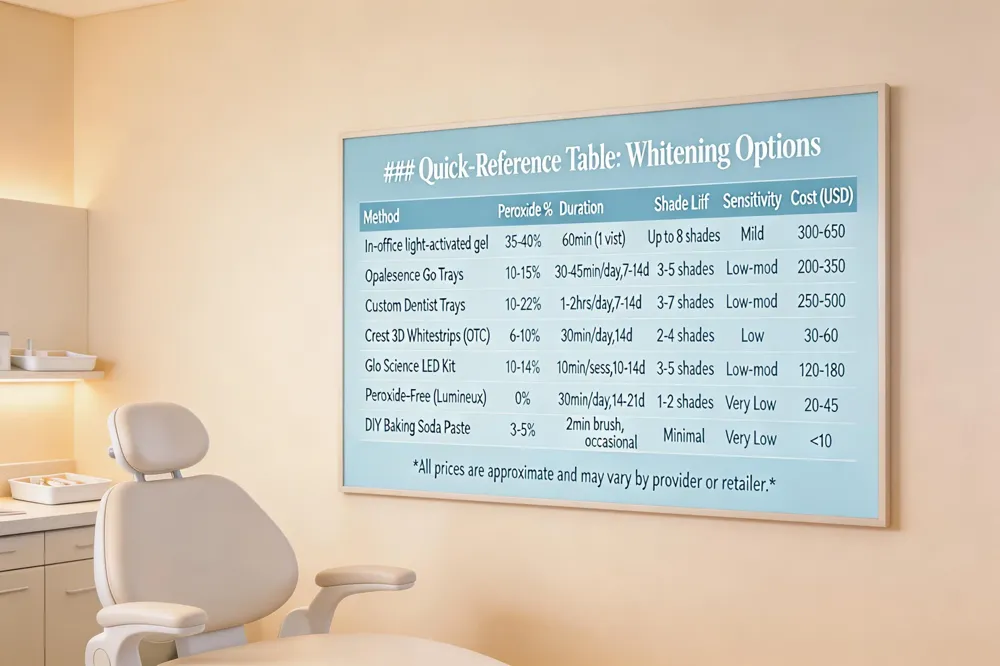 ### Quick‑Reference Table: Whitening Options
| Method | Peroxide % | Typical Duration | Shade Lift | Sensitivity Risk | Approx. Cost (USD) |
|---|---|---|---|---|---|
| In‑office high‑strength gel (light‑activated) | 35‑40 % | 60 min (single visit) | Up to 8 shades | Mild (possible) | 300‑650 |
| Opalescence Go pre‑filled trays | 10‑15 % | 30‑45 min per day, 7‑14 days | 3‑5 shades | Low‑moderate | 200‑350 |
| Custom‑fit tray kits (dentist‑approved) | 10‑22 % | 1‑2 hrs per day, 7‑14 days | 3‑7 shades | Low‑moderate | 250‑500 |
| Crest 3D Whitestrips (OTC) | 6‑10 % | 30 min per day, 14 days | 2‑4 shades | Low | 30‑60 |
| Glo Science So Brilliant LED kit | 10‑14 % | 10 min per session, 10‑14 days | 3‑5 shades | Low‑moderate | 120‑180 |
| Peroxide‑free (Lumineux strips, potassium nitrate) | 0 % | 30 min per day, 14‑21 days | 1‑2 shades (surface) | Very low | 20‑45 |
| DIY Baking‑soda + peroxide paste | 3‑5 % (when added) | 2 min brushing, occasional | Minimal (surface) | Very low | <10 |
All prices are approximate and may vary by provider or retailer.
