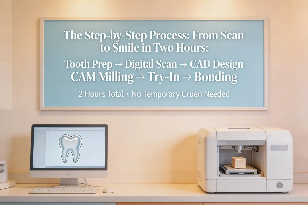 The Step-by-Step Process: From Scan to Smile in Two Hours: This section provides a detailed, chronological walkthrough of the single-appointment CEREC procedure. It covers tooth preparation and digital scanning, CAD design on computer software, CAM milling of the restoration from a ceramic block (typically 15-20 minutes), final try-in and adjustments, and permanent bonding. The process is designed to be completed in about two hours, eliminating the wait for a lab-made crown and the need for a temporary restoration.