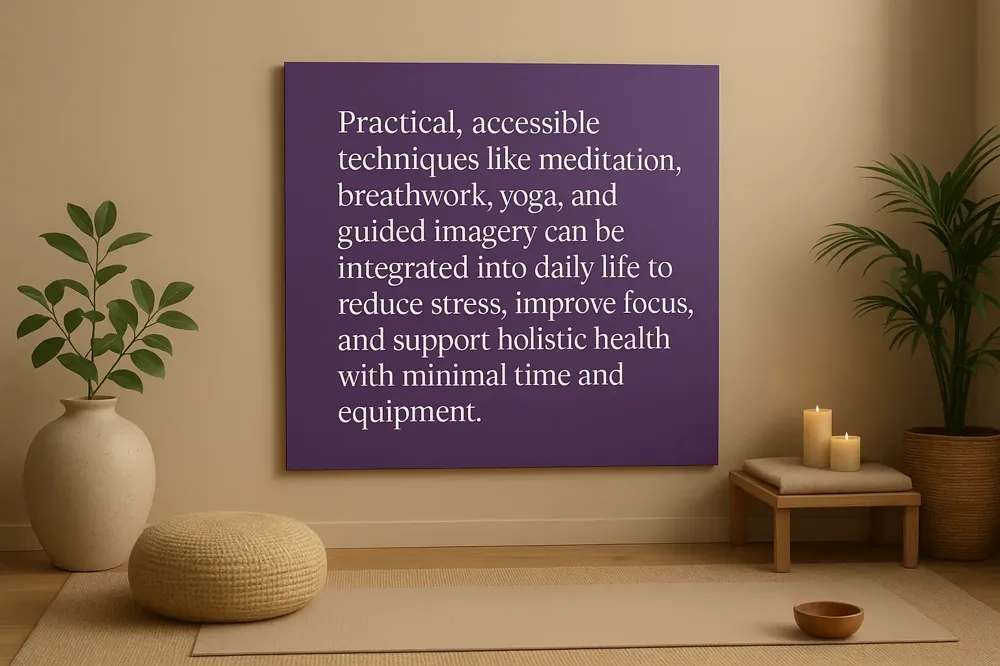 Practical, accessible techniques like meditation, breathwork, yoga, and guided imagery can be integrated into daily life to reduce stress, improve focus, and support holistic health with minimal time and equipment.
