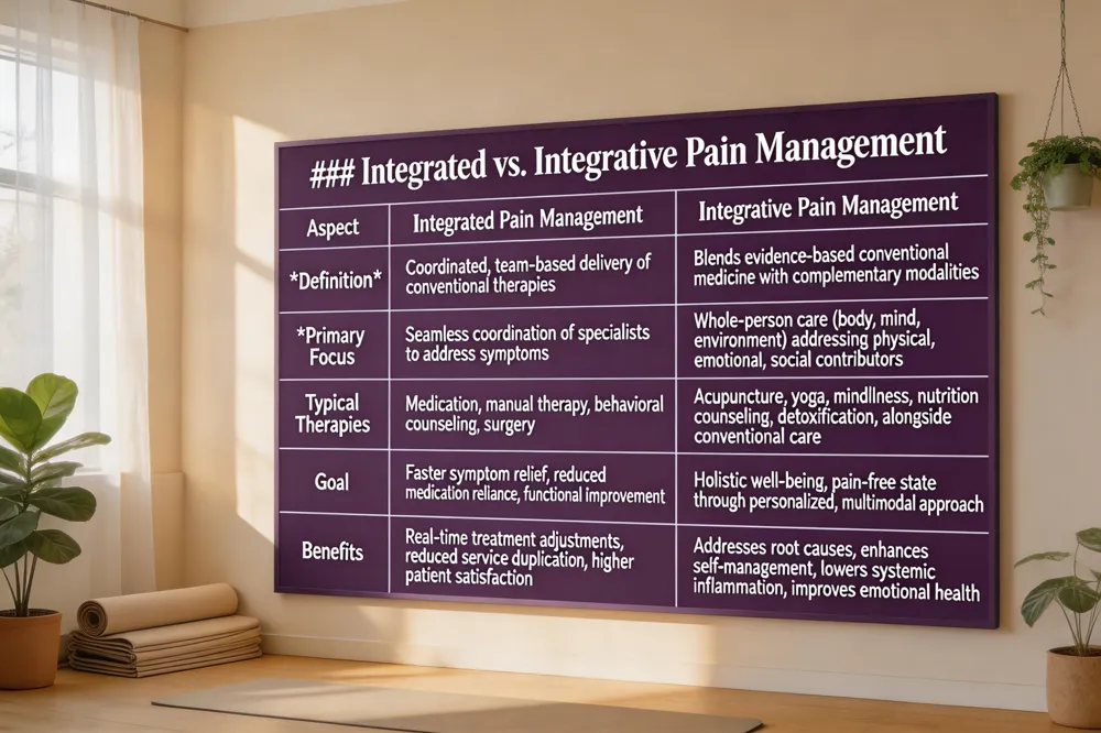 ### Integrated vs. Integrative Pain Management
| Aspect | Integrated Pain Management | Integrative Pain Management |
|---|---|---|
| Definition | Coordinated, team‑based delivery of conventional therapies | Blends evidence‑based conventional medicine with complementary modalities |
| Primary Focus | Seamless coordination of specialists to address symptoms | Whole‑person care (body, mind, environment) addressing physical, emotional, social contributors |
| Typical Therapies | Medication, manual therapy, behavioral counseling, surgery | Acupuncture, yoga, mindfulness, nutrition counseling, detoxification, alongside conventional care |
| Goal | Faster symptom relief, reduced medication reliance, functional improvement | Holistic well‑being, pain‑free state through personalized, multimodal approach |
| Benefits | Real‑time treatment adjustments, reduced service duplication, higher patient satisfaction | Addresses root causes, enhances self‑management, lowers systemic inflammation, improves emotional health |
| 