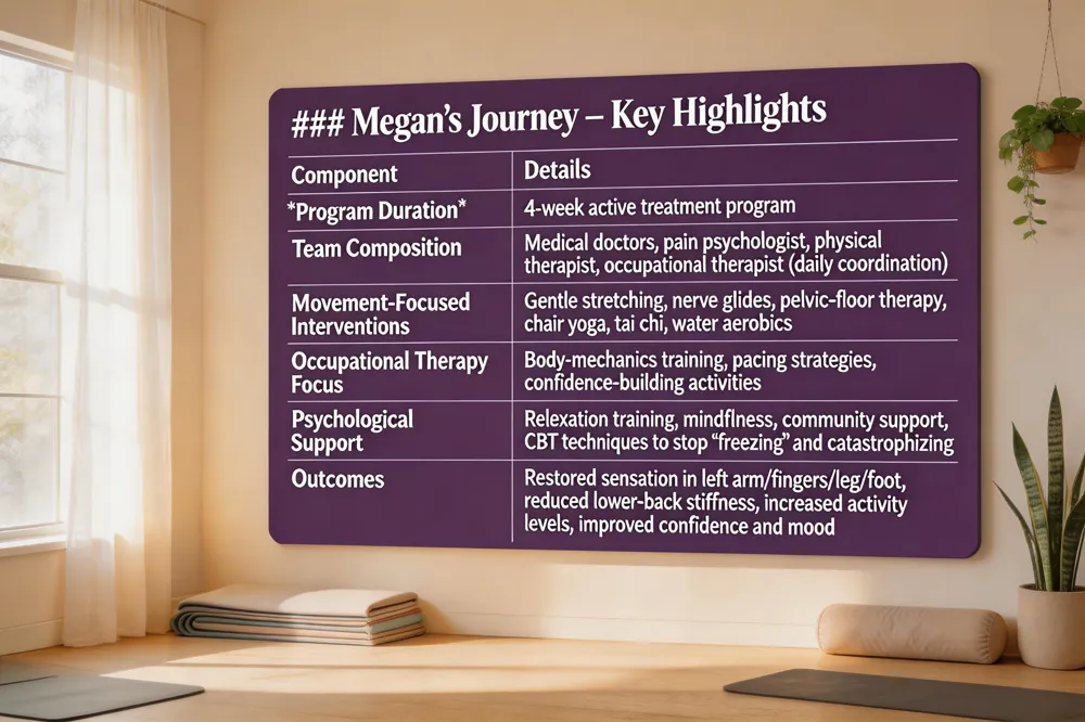 ### Megan’s Journey – Key Highlights
| Component | Details |
|---|---|
| Program Duration | 4‑week active treatment program |
| Team Composition | Medical doctors, pain psychologist, physical therapist, occupational therapist (daily coordination) |
| Movement‑Focused Interventions | Gentle stretching, nerve glides, pelvic‑floor therapy, chair yoga, tai chi, water aerobics |
| Occupational Therapy Focus | Body‑mechanics training, pacing strategies, confidence‑building activities |
| Psychological Support | Relaxation training, mindfulness, community support, CBT techniques to stop “freezing” and catastrophizing |
| Outcomes | Restored sensation in left arm/fingers/leg/foot, reduced lower‑back stiffness, increased activity levels, improved confidence and mood |
| 