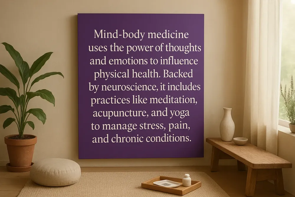 Mind-body medicine uses the power of thoughts and emotions to influence physical health. Backed by neuroscience, it includes practices like meditation, acupuncture, and yoga to manage stress, pain, and chronic conditions.