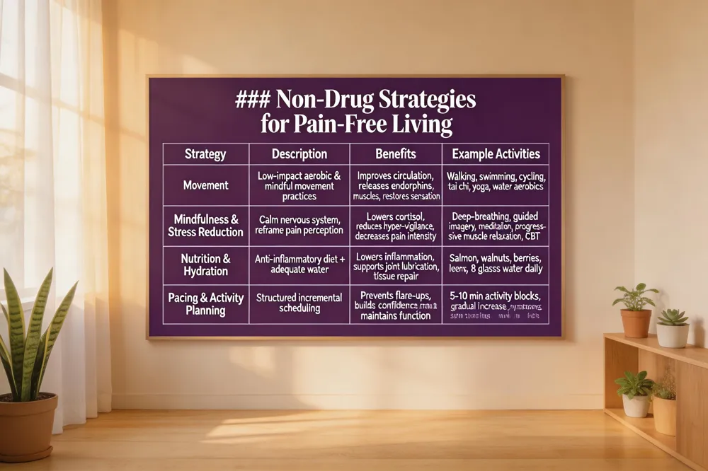 ### Non‑Drug Strategies for Pain‑Free Living
| Strategy | Description | Benefits | Example Activities |
|---|---|---|---|
| Movement | Low‑impact aerobic exercise and mindful movement practices | Improves circulation, releases endorphins, strengthens supporting muscles, restores sensation | Walking, swimming, cycling, tai chi, yoga, water aerobics |
| Mindfulness & Stress Reduction | Techniques to calm the nervous system and reframe pain perception | Lowers cortisol, reduces hyper‑vigilance, decreases perceived pain intensity | Deep‑breathing, guided imagery, meditation, progressive muscle relaxation, CBT |
| Nutrition & Hydration | Anti‑inflammatory diet rich in omega‑3s, fruits, vegetables, whole grains; adequate water intake | Lowers systemic inflammation, supports joint lubrication, improves tissue repair | Salmon, walnuts, berries, leafy greens, 8 glasses water daily |
| Pacing & Activity Planning | Structured, incremental task scheduling to avoid over‑exertion | Prevents flare‑ups, builds confidence, maintains functional baseline | Short activity blocks (5‑10 min) with gradual increase, symptom‑tracking logs |
| 
