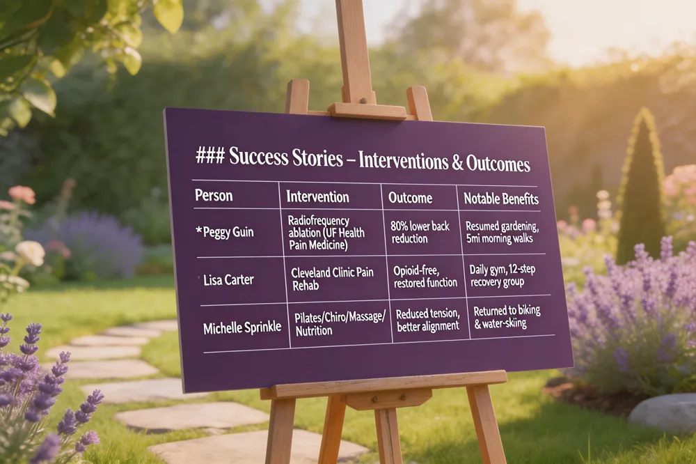 ### Success Stories – Interventions & Outcomes
| Person | Intervention | Outcome | Notable Benefits |
|---|---|---|---|
| Peggy Guin | Radiofrequency ablation of facet‑joint nerves (UF Health Pain Medicine) | 80 % reduction in chronic lower‑back pain | Resumed daily gardening, walked 5 mi each morning |
| Lisa Carter | Cleveland Clinic Chronic Pain Rehabilitation Program (multidisciplinary weaning) | Opioid‑free, restored functional ability | Daily gym workouts, participation in 12‑step recovery group |
| Michelle Sprinkle | Combined Pilates, chiropractic, therapeutic massage, nutrition counseling (dairy/gluten‑free) | Reduced muscle tension, improved pelvic alignment | Returned to high‑impact biking and water‑skiing |
| 