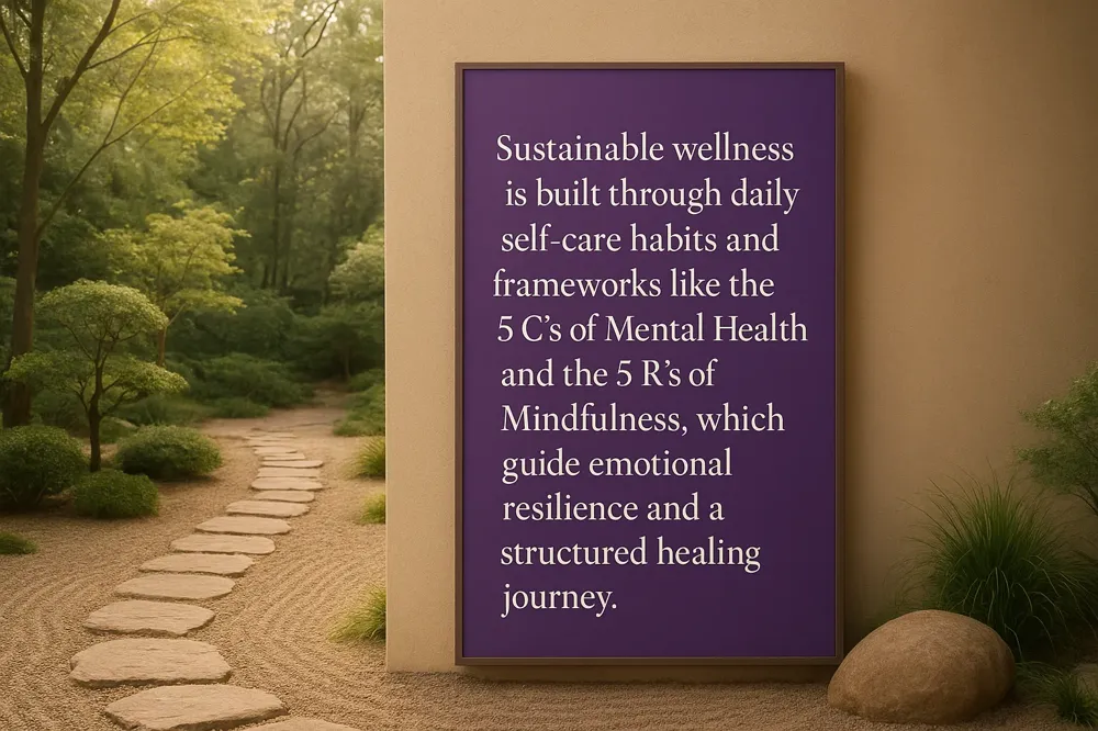 Sustainable wellness is built through daily self-care habits and frameworks like the 5 C's of Mental Health and the 5 R's of Mindfulness, which guide emotional resilience and a structured healing journey.