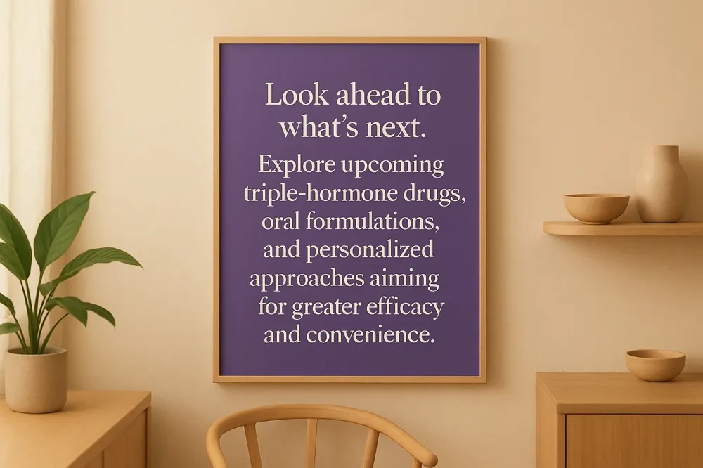 Look ahead to what's next. Explore upcoming triple-hormone drugs, oral formulations, and personalized approaches aiming for greater efficacy and convenience.