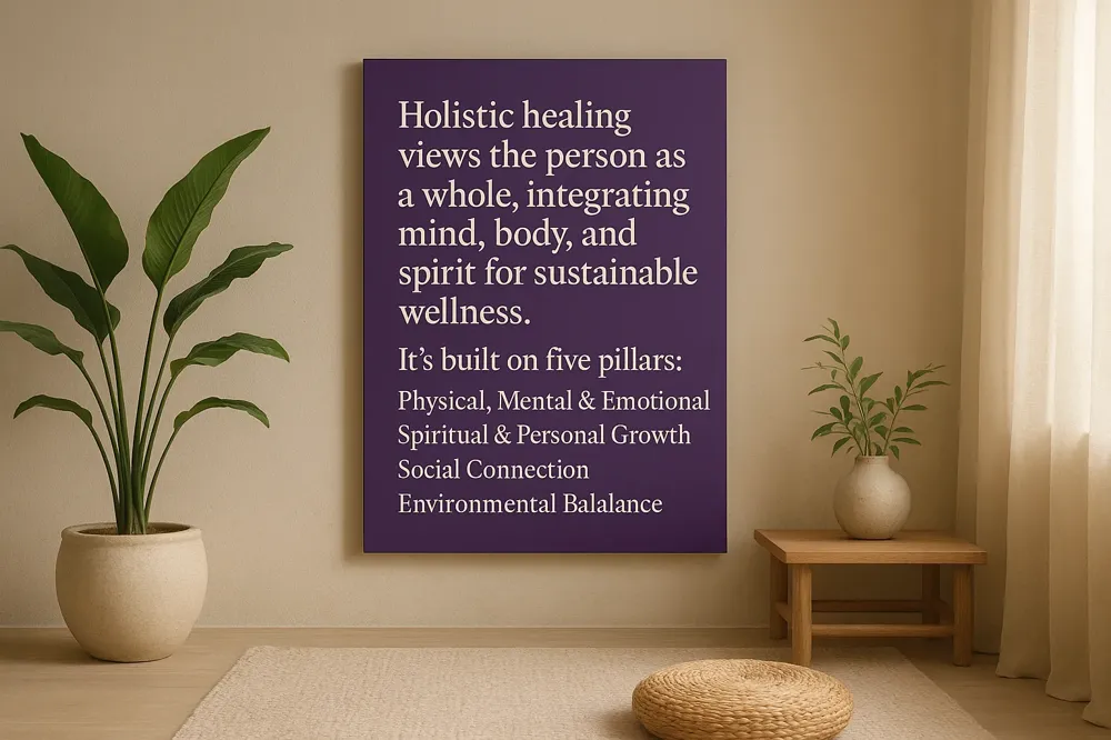 Holistic healing views the person as a whole, integrating mind, body, and spirit for sustainable wellness. It's built on five pillars: Physical, Mental & Emotional, Spiritual & Personal Growth, Social Connection, and Environmental Balance.