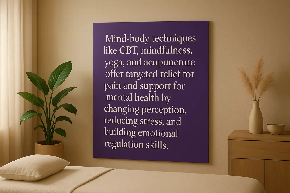 Mind-body techniques like CBT, mindfulness, yoga, and acupuncture offer targeted relief for pain and support for mental health by changing perception, reducing stress, and building emotional regulation skills.