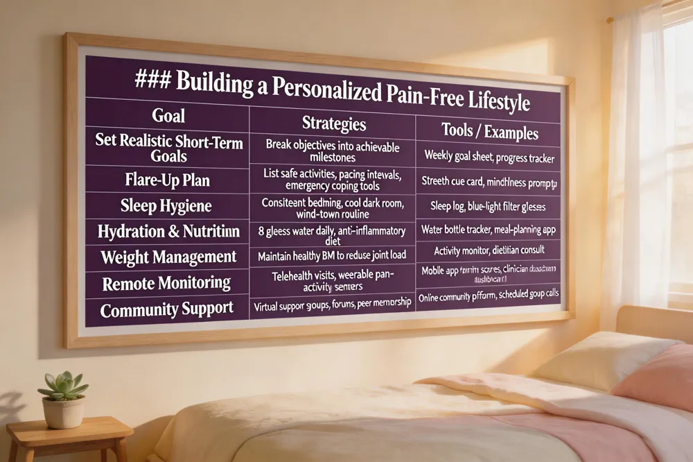 ### Building a Personalized Pain‑Free Lifestyle
| Goal | Strategies | Tools / Examples |
|---|---|---|
| Set Realistic Short‑Term Goals | Break objectives into achievable milestones | Weekly goal sheet, progress tracker |
| Flare‑Up Plan | List safe activities, pacing intervals, emergency coping tools | Stretch cue card, mindfulness prompt app |
| Sleep Hygiene | Consistent bedtime, cool dark room, wind‑down routine | Sleep log, blue‑light filter glasses |
| Hydration & Nutrition | 8 glasses water daily, anti‑inflammatory diet | Water bottle tracker, meal‑planning app |
| Weight Management | Maintain healthy BMI to reduce joint load | Activity monitor, dietitian consult |
| Remote Monitoring | Telehealth visits, wearable pain/activity sensors | Mobile app for pain scores, clinician dashboard |
| Community Support | Virtual support groups, forums, peer mentorship | Online community platform, scheduled group calls |
| 