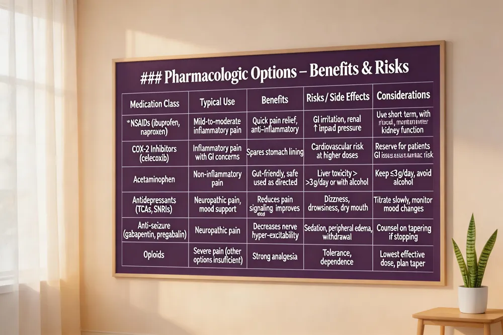 ### Pharmacologic Options – Benefits & Risks
| Medication Class | Typical Use | Benefits | Risks / Side Effects | Considerations |
|---|---|---|---|---|
| NSAIDs (e.g., ibuprofen, naproxen) | Mild‑to‑moderate inflammatory pain | Quick pain relief, anti‑inflammatory | GI irritation, renal impact, ↑ blood pressure | Use short‑term, with food, monitor kidney function |
| COX‑2 Inhibitors (celecoxib) | Inflammatory pain with GI concerns | Spares stomach lining | Cardiovascular risk at higher doses | Reserve for patients with GI issues, assess cardiac risk |
| Acetaminophen | Non‑inflammatory pain | Gut‑friendly, safe when used as directed | Liver toxicity >3 g/day or with alcohol | Keep ≤3 g/day, avoid alcohol |
| Antidepressants (TCAs, SNRIs) | Neuropathic pain, mood support | Reduces pain signaling, improves mood | Dizziness, drowsiness, dry mouth | Titrate slowly, monitor mood changes |
| Anti‑seizure agents (gabapentin, pregabalin) | Neuropathic pain | Decreases nerve hyper‑excitability | Sedation, peripheral edema, withdrawal | Counsel on tapering if stopping |
| Opioids | Severe pain when other options insufficient | Strong analgesia | Tolerance, dependence, overdose, hyperalgesia | Use lowest effective dose, multidisciplinary oversight, plan for taper |
| 