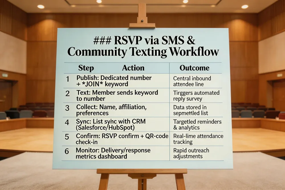### RSVP via SMS & Community Texting Workflow
| Step | Action | Outcome |
|---|---|---|
| 1️⃣ Publish | Dedicated phone number + join keyword (e.g., JOIN) | Central inbound line for attendees |
| 2️⃣ Text | Member sends keyword to number | Triggers automated reply survey |
| 3️⃣ Collect | Survey captures name, affiliation, preferences | Data stored in segmented list |
| 4️⃣ Sync | List syncs with CRM (Salesforce, HubSpot, etc.) | Enables targeted reminders & analytics |
| 5️⃣ Confirm | Platform sends RSVP confirmation & QR‑code check‑in info | Real‑time attendance tracking |
| 6️⃣ Monitor | Dashboard shows delivery, open, response metrics | Allows rapid adjustments to outreach |
