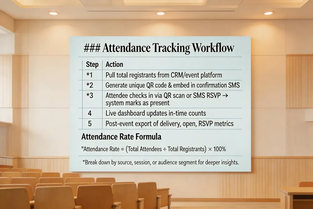 ### SMS Event Data Points & Automation
| Data Point | Description |
|---|---|
| Timestamp | Exact time the SMS was sent, delivered, read, or failed |
| Status | Sent, Delivered, Failed, Read |
| Recipient | Phone number or CRM contact reference |
| Payload | Any custom data (e.g., registration ID, QR‑code token) |
Automation Use‑Cases
status = Delivered for registration confirmationBecause the event payload can be mapped directly to CRM fields, platforms like Blackthorn, Evant, or SMS Ninja sync attendee records instantly, eliminating duplicate entry and providing a single source of truth for event logistics and analytics.
![### Attendance Tracking Workflow
| Step | Action |
|---|---|
| 1 | Pull total registrants from CRM/event platform |
| 2 | Generate unique QR code & embed in confirmation SMS |
| 3 | Attendee checks in via QR scan or SMS RSVP → system marks as present |
| 4 | Live dashboard updates in‑time counts |
| 5 | Post‑event export of delivery, open, RSVP metrics |
Attendance Rate Formula
Attendance Rate = (Total Attendees ÷ Total Registrants) × 100%
Break down by source, session, or audience segment for deeper insights.