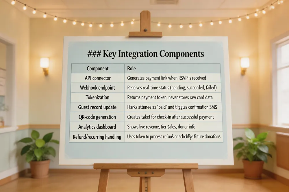 ### Key Integration Components
| Component | Role |
|---|---|
| API connector | Generates payment link when RSVP is received |
| Webhook endpoint | Receives real‑time status (pending, succeeded, failed) |
| Tokenization | Returns payment token, never stores raw card data |
| Guest record update | Marks attendee as “paid” and triggers confirmation SMS |
| QR‑code generation | Creates ticket for check‑in after successful payment |
| Analytics dashboard | Shows live revenue, tier sales, donor info |
| Refund/recurring handling | Uses token to process refunds or schedule future donations |
