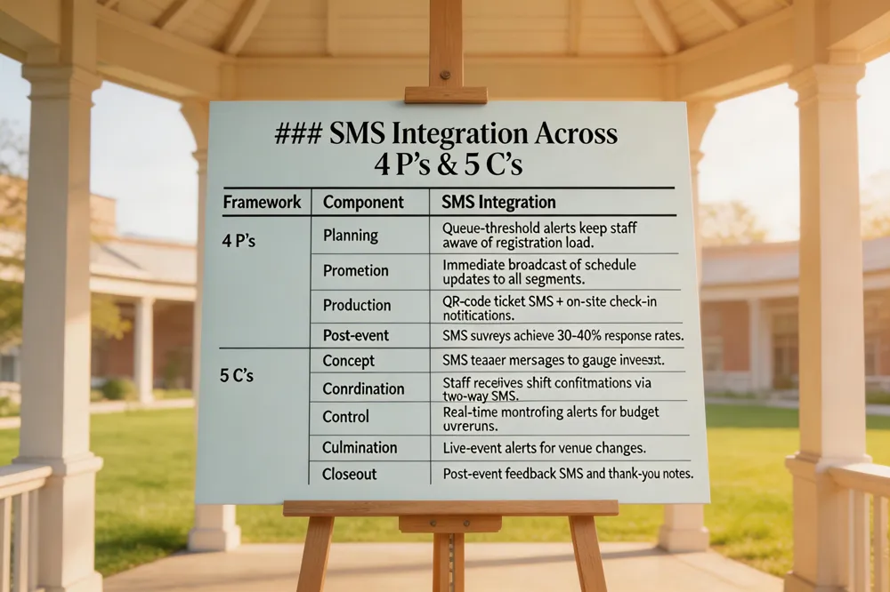 ### SMS Integration Across 4 P’s & 5 C’s
| Framework | Component | SMS Integration |
|---|---|---|
| 4 P’s | Planning | Queue‑threshold alerts keep staff aware of registration load. |
| Promotion | Immediate broadcast of schedule updates to all segments. | |
| Production | QR‑code ticket SMS + on‑site check‑in notifications. | |
| Post‑event | SMS surveys achieve 30‑40 % response rates. | |
| 5 C’s | Concept | SMS teaser messages to gauge interest. |
| Coordination | Staff receives shift confirmations via two‑way SMS. | |
| Control | Real‑time monitoring alerts for budget overruns. | |
| Culmination | Live‑event alerts for venue changes. | |
| Closeout | Post‑event feedback SMS and thank‑you notes. |
