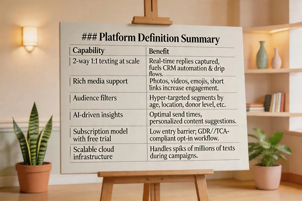 ### Platform Definition Summary
| Capability | Benefit |
|---|---|
| 2‑way 1:1 texting at scale | Real‑time replies captured, fuels CRM automation & drip flows. |
| Rich media support | Photos, videos, emojis, short links increase engagement. |
| Audience filters | Hyper‑targeted segments by age, location, donor level, etc. |
| AI‑driven insights | Optimal send times, personalized content suggestions. |
| Subscription model with free trial | Low entry barrier; GDPR/TCPA‑compliant opt‑in workflow. |
| Scalable cloud infrastructure | Handles spikes of millions of texts during campaigns. |
