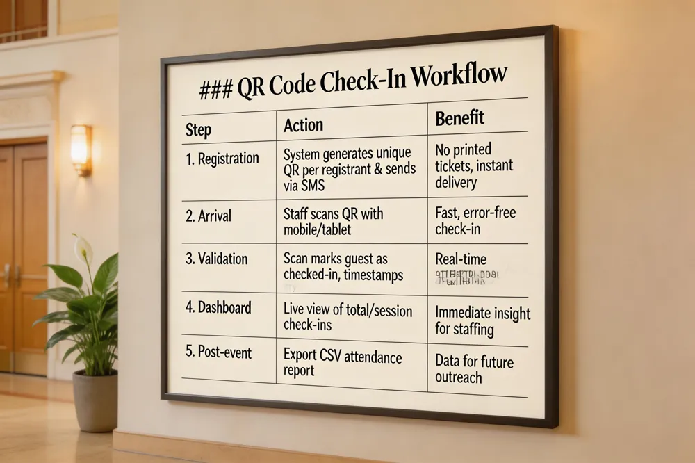 ### QR Code Check‑In Workflow
| Step | Action | Benefit |
|---|---|---|
| 1. Registration | System generates unique QR per registrant and sends via SMS. | No printed tickets, instant delivery |
| 2. Arrival | Staff scans QR with mobile app or tablet. | Fast, error‑free check‑in |
| 3. Validation | Scan marks guest as checked‑in, timestamps entry. | Real‑time attendance data |
| 4. Dashboard | Live view of total and session‑level check‑ins. | Immediate insight for staffing |
| 5. Post‑event | Export CSV attendance report. | Data for future outreach |
