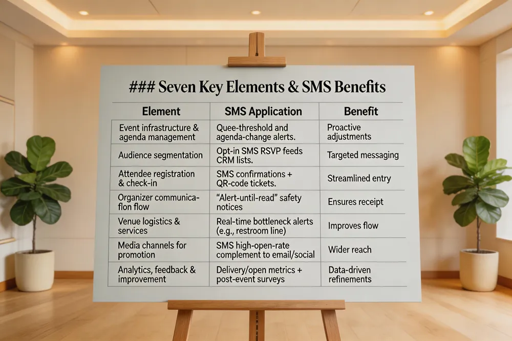 ### Seven Key Elements & SMS Benefits
| Element | SMS Application | Benefit |
|---|---|---|
| Event infrastructure & agenda management | Queue‑threshold and agenda‑change alerts. | Proactive adjustments |
| Audience segmentation | Opt‑in SMS RSVP feeds CRM lists. | Targeted messaging |
| Attendee registration & check‑in | SMS confirmations + QR‑code tickets. | Streamlined entry |
| Organizer communication flow | "Alert‑until‑read" messages for safety notices. | Ensures receipt |
| Venue logistics & services | Real‑time bottleneck alerts (e.g., restroom line). | Improves flow |
| Media channels for promotion | SMS as high‑open‑rate channel complementing email/social. | Wider reach |
| Analytics, feedback & continuous improvement | Delivery, open, response metrics; post‑event surveys. | Data‑driven refinements |

