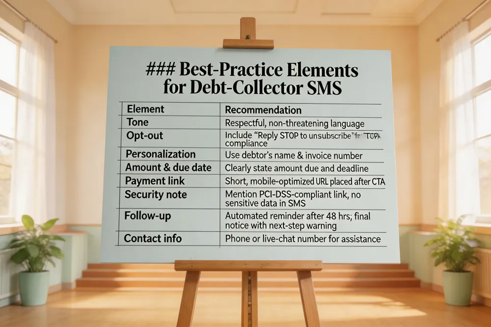 ### Best‑Practice Elements for Debt‑Collector SMS
| Element | Recommendation |
|---|---|
| Tone | Respectful, non‑threatening language |
| Opt‑out | Include “Reply STOP to unsubscribe” for TCPA compliance |
| Personalization | Use debtor’s name & invoice number |
| Amount & due date | Clearly state amount due and deadline |
| Payment link | Short, mobile‑optimized URL placed after CTA |
| Security note | Mention PCI‑DSS‑compliant link, no sensitive data in SMS |
| Follow‑up | Automated reminder after 48 hrs; final notice with next‑step warning |
| Contact info | Phone or live‑chat number for assistance |

