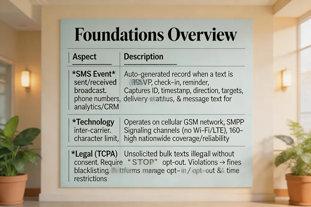 Foundations Overview
| Aspect | Description |
|---|---|
| SMS Event | Auto‑generated record when a text is sent/received (RSVP, check‑in, reminder, broadcast). Captures ID, timestamp, direction, targets, phone numbers, delivery status, and optionally message text for analytics/CRM. |
| Technology | Operates on cellular voice network using GSM protocol; inter‑carrier exchange via SMPP. Uses signaling channels (no Wi‑Fi/LTE), 160‑character limit per segment, high reliability and nationwide coverage. |
| Legal (TCPA) | Unsolicited bulk texts illegal without express consent. Requires clear opt‑out (“STOP”). Violations → fines, carrier blacklisting. Platforms embed opt‑in/opt‑out management and time‑of‑day restrictions. |
