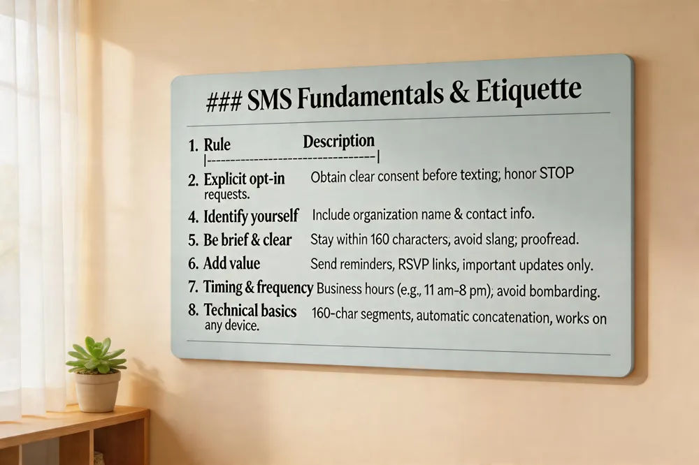 ### SMS Fundamentals & Etiquette
| Rule | Description |
|---|---|
| Explicit opt‑in | Obtain clear consent before texting; honor STOP requests. |
| Identify yourself | Include organization name & contact info. |
| Be brief & clear | Stay within 160 characters; avoid slang; proofread. |
| Add value | Send reminders, RSVP links, important updates only. |
| Timing & frequency | Business hours (e.g., 11 am‑8 pm); avoid bombarding. |
| Technical basics | 160‑char segments, automatic concatenation, works on any device. |
