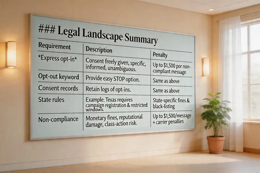 ### Legal Landscape Summary
| Requirement | Description | Penalty |
|---|---|---|
| Express opt‑in | Consent must be freely given, specific, informed, unambiguous. | Up to $1,500 per non‑compliant message |
| Opt‑out keyword | Provide easy STOP option. | Same as above |
| Consent records | Retain logs of opt‑ins. | Same as above |
| State rules | Example: Texas requires campaign registration & restricted windows. | State‑specific fines & black‑listing |
| Non‑compliance | Monetary fines, reputational damage, class‑action risk. | Up to $1,500/message + carrier penalties |
