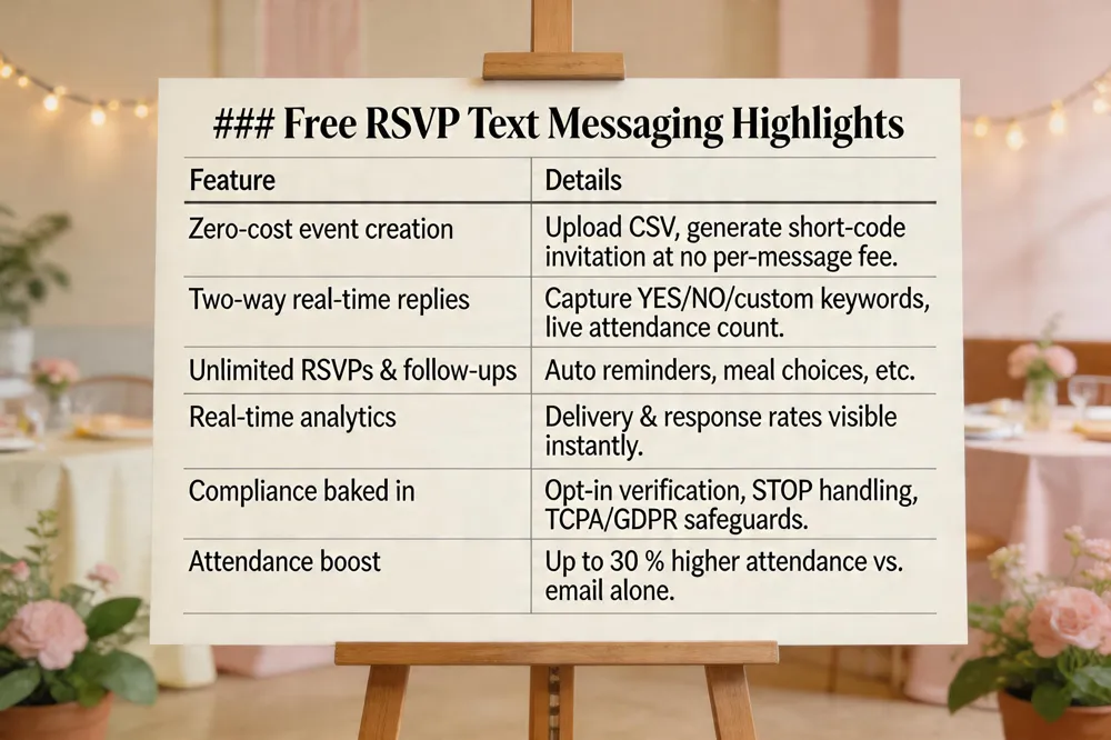 ### Free RSVP Text Messaging Highlights
| Feature | Details |
|---|---|
| Zero‑cost event creation | Upload CSV, generate short‑code invitation at no per‑message fee. |
| Two‑way real‑time replies | Capture YES/NO/custom keywords, live attendance count. |
| Unlimited RSVPs & follow‑ups | Auto reminders, meal choices, etc. |
| Real‑time analytics | Delivery & response rates visible instantly. |
| Compliance baked in | Opt‑in verification, STOP handling, TCPA/GDPR safeguards. |
| Attendance boost | Up to 30 % higher attendance vs. email alone. |
