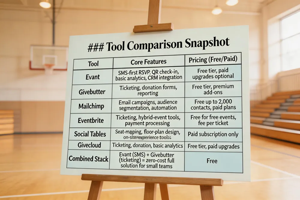 ### Tool Comparison Snapshot
| Tool | Core Features | Pricing (Free/Paid) |
|---|---|---|
| Evant | SMS‑first RSVP, QR check‑in, basic analytics, CRM integration | Free tier, paid upgrades optional |
| Givebutter | Ticketing, donation forms, reporting | Free tier, premium add‑ons |
| Mailchimp | Email campaigns, audience segmentation, automation | Free up to 2,000 contacts, paid plans |
| Eventbrite | Ticketing, hybrid‑event tools, payment processing | Free for free events, fee per ticket |
| Social Tables | Seat‑mapping, floor‑plan design, on‑site experience tools | Paid subscription only |
| Givecloud | Ticketing, donation, basic analytics | Free tier, paid upgrades |
| Combined Stack | Evant (SMS) + Givebutter (ticketing) = zero‑cost full solution for small teams | Free