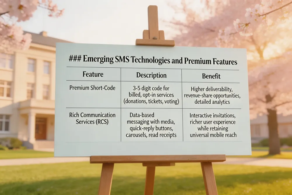 ### Emerging SMS Technologies and Premium Features
| Feature | Description | Benefit |
|---|---|---|
| Premium Short‑Code | 3‑5 digit code used for billed, opt‑in services (donations, tickets, voting) | Higher deliverability, revenue‑share opportunities, detailed analytics |
| Rich Communication Services (RCS) | Data‑based messaging with media, quick‑reply buttons, carousels, read receipts | Interactive invitations, richer user experience while retaining universal mobile reach |
