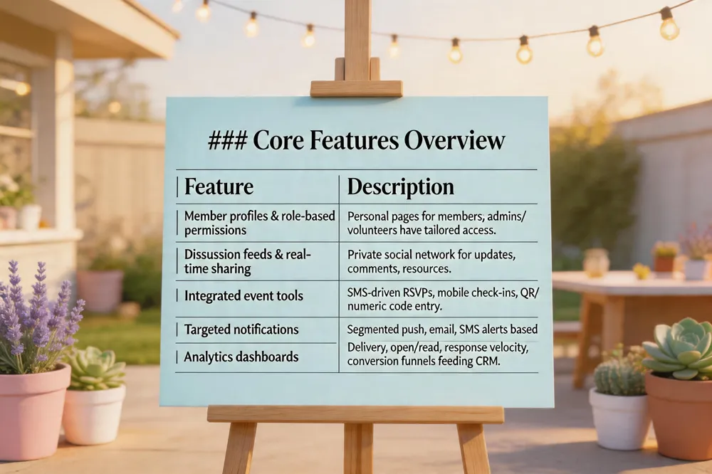 ### Core Features Overview
| Feature | Description |
|---|---|
| Member profiles & role‑based permissions | Personal pages for members; admins/volunteers have tailored access. |
| Discussion feeds & real‑time sharing | Private social network for updates, comments, resources. |
| Integrated event tools | SMS‑driven RSVPs, mobile check‑ins, QR/ numeric code entry. |
| Targeted notifications | Segmented push, email, SMS alerts based on interests & behavior. |
| Analytics dashboards | Delivery, open/read, response velocity, conversion funnels feeding CRM. |

