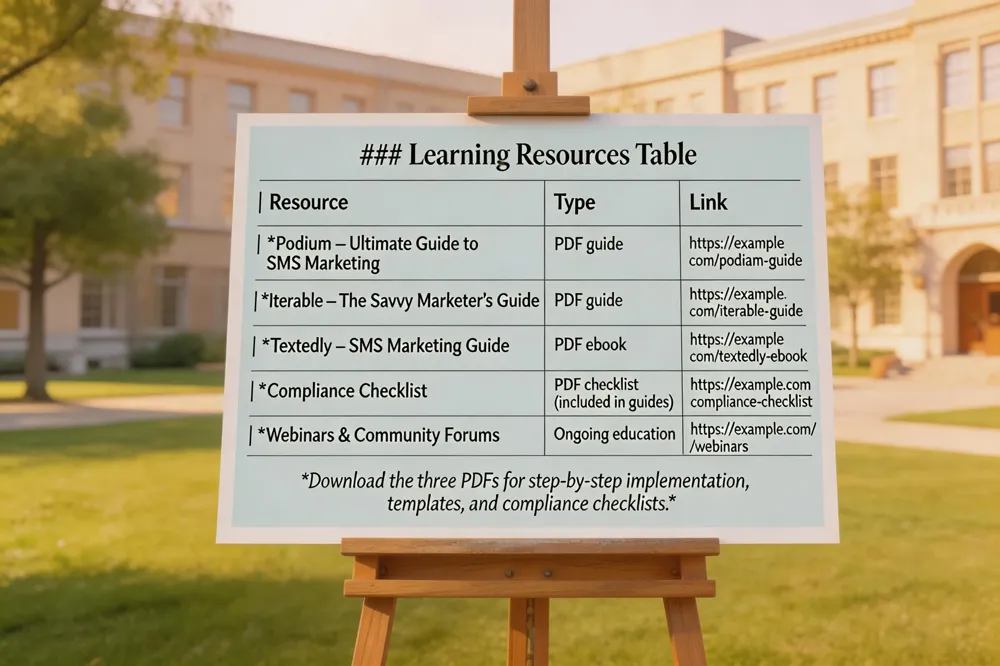 ### Learning Resources Table
| Resource | Type | Link |
|---|---|---|
| Podium – Ultimate Guide to SMS Marketing | PDF guide | https://example.com/podiam-guide |
| Iterable – The Savvy Marketer’s Guide | PDF guide | https://example.com/iterable-guide |
| Textedly – SMS Marketing Guide | PDF ebook | https://example.com/textedly-ebook |
| Compliance Checklist | PDF checklist (included in guides) | https://example.com/compliance-checklist |
| Webinars & Community Forums | Ongoing education | https://example.com/webinars |
Download the three PDFs for step‑by‑step implementation, templates, and compliance checklists.
