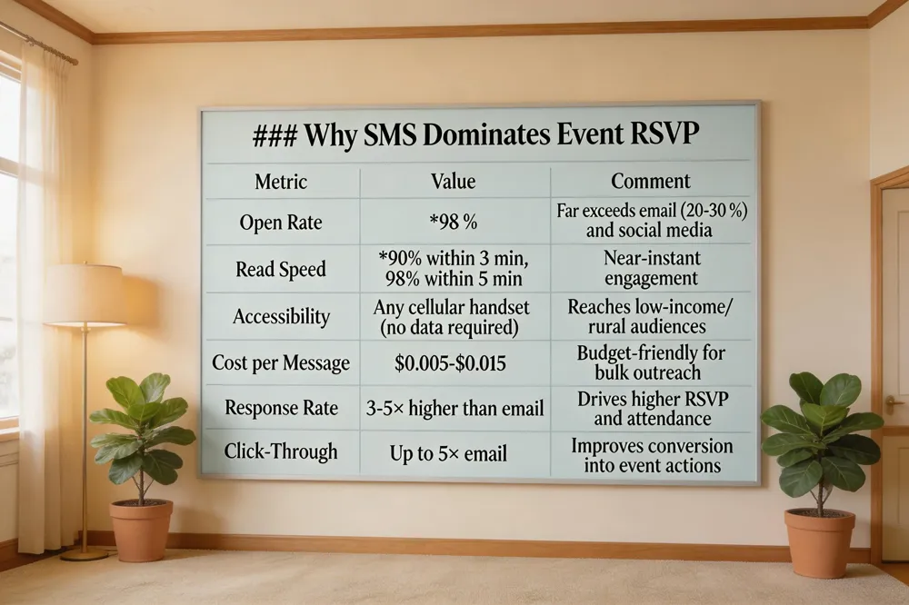 ### Why SMS Dominates Event RSVP
| Metric | Value | Comment |
|---|---|---|
| Open Rate | 98 % | Far exceeds email (20‑30 %) and social media |
| Read Speed | 90 % within 3 min, 98 % within 5 min | Near‑instant engagement |
| Accessibility | Any cellular handset (no data required) | Reaches low‑income/rural audiences |
| Cost per Message | $0.005‑$0.015 | Budget‑friendly for bulk outreach |
| Response Rate | 3‑5× higher than email | Drives higher RSVP and attendance |
| Click‑Through | Up to 5× email | Improves conversion into event actions |
