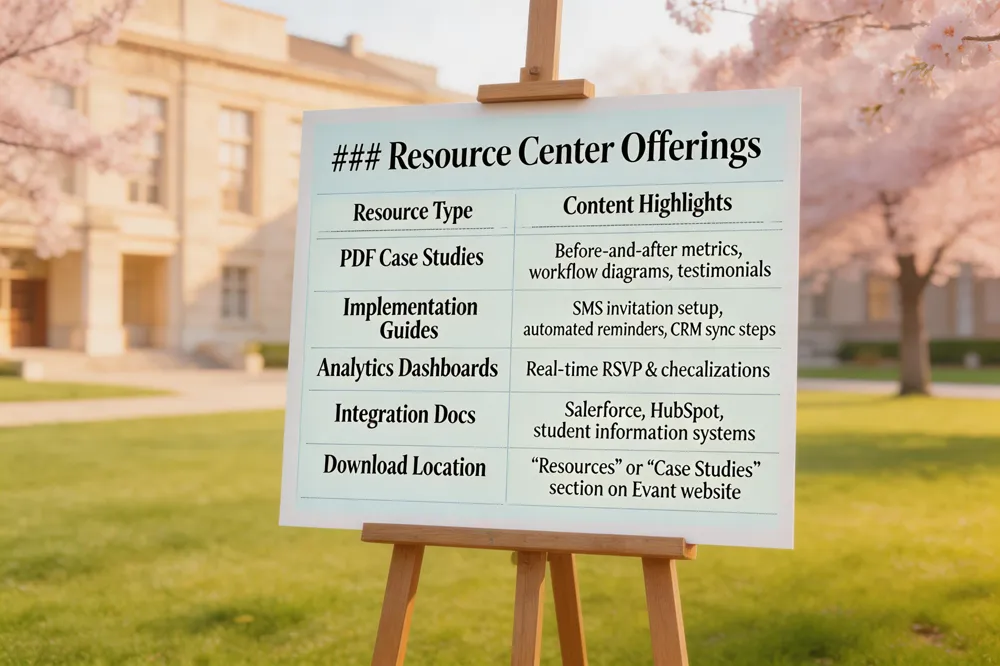 ### Resource Center Offerings
| Resource Type | Content Highlights |
|---|---|
| PDF Case Studies | Before‑and‑after metrics, workflow diagrams, testimonials |
| Implementation Guides | SMS invitation setup, automated reminders, CRM sync steps |
| Analytics Dashboards | Real‑time RSVP & check‑in visualizations |
| Integration Docs | Salesforce, HubSpot, student information systems |
| Download Location | "Resources" or "Case Studies" section on Evant website