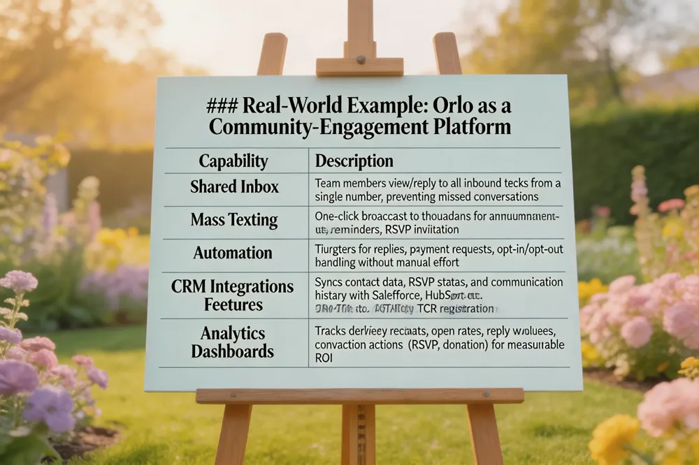 ### Real‑World Example: Orlo as a Community‑Engagement Platform
| Capability | Description |
|---|---|
| Shared Inbox | Team members view and reply to all inbound texts from a single number, preventing missed conversations |
| Mass Texting | One‑click broadcast to thousands for announcements, reminders, RSVP invitations |
| Automation | Triggers for replies, payment requests, opt‑in/opt‑out handling without manual effort |
| CRM Integrations | Syncs contact data, RSVP status, and communication history with Salesforce, HubSpot, etc. |
| Compliance Features | Double opt‑in verification, STOP/START keyword handling, TCPA‑friendly TCR registration |
| Analytics Dashboards | Tracks delivery receipts, open rates, reply volumes, conversion actions (RSVP, donation) for measurable ROI |
