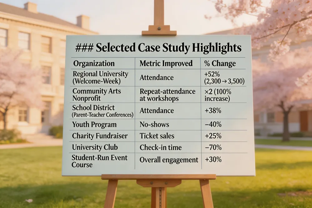 ### Selected Case Study Highlights
| Organization | Metric Improved | % Change |
|---|---|---|
| Regional University (Welcome‑Week) | Attendance | +52 % (2,300 → 3,500) |
| Community Arts Nonprofit | Repeat‑attendance at workshops | ×2 (100 % increase) |
| School District (Parent‑Teacher Conferences) | Attendance | +38 % |
| Youth Program | No‑shows | –40 % |
| Charity Fundraiser | Ticket sales | +25 % |
| University Club | Check‑in time | –70 % |
| Student‑Run Event Course | Overall engagement | +30 % |