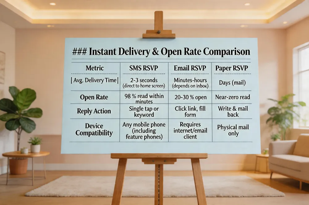 ### Instant Delivery & Open Rate Comparison
| Metric | SMS RSVP | Email RSVP | Paper RSVP |
|---|---|---|---|
| Avg. Delivery Time | 2‑3 seconds (direct to home screen) | Minutes‑hours (depends on inbox) | Days (mail) |
| Open Rate | 98 % read within minutes | 20‑30 % open | Near‑zero read |
| Reply Action | Single tap or keyword | Click link, fill form | Write & mail back |
| Device Compatibility | Any mobile phone (including feature phones) | Requires internet/email client | Physical mail only |
