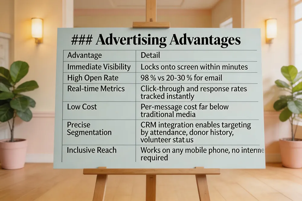 ### Advertising Advantages
| Advantage | Detail |
|---|---|
| Immediate Visibility | Locks onto screen within minutes |
| High Open Rate | 98 % vs 20‑30 % for email |
| Real‑time Metrics | Click‑through and response rates tracked instantly |
| Low Cost | Per‑message cost far below traditional media |
| Precise Segmentation | CRM integration enables targeting by attendance, donor history, volunteer status |
| Inclusive Reach | Works on any mobile phone, no internet required |
